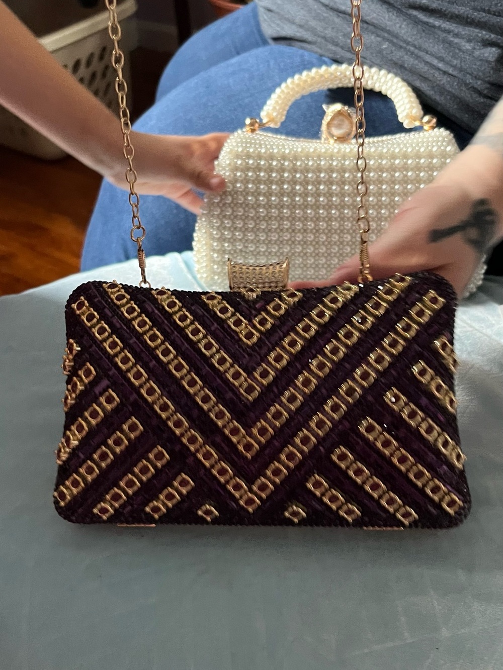 Embellished Purple and Gold Evening Clutch - Elegant Chain Shoulder Bag